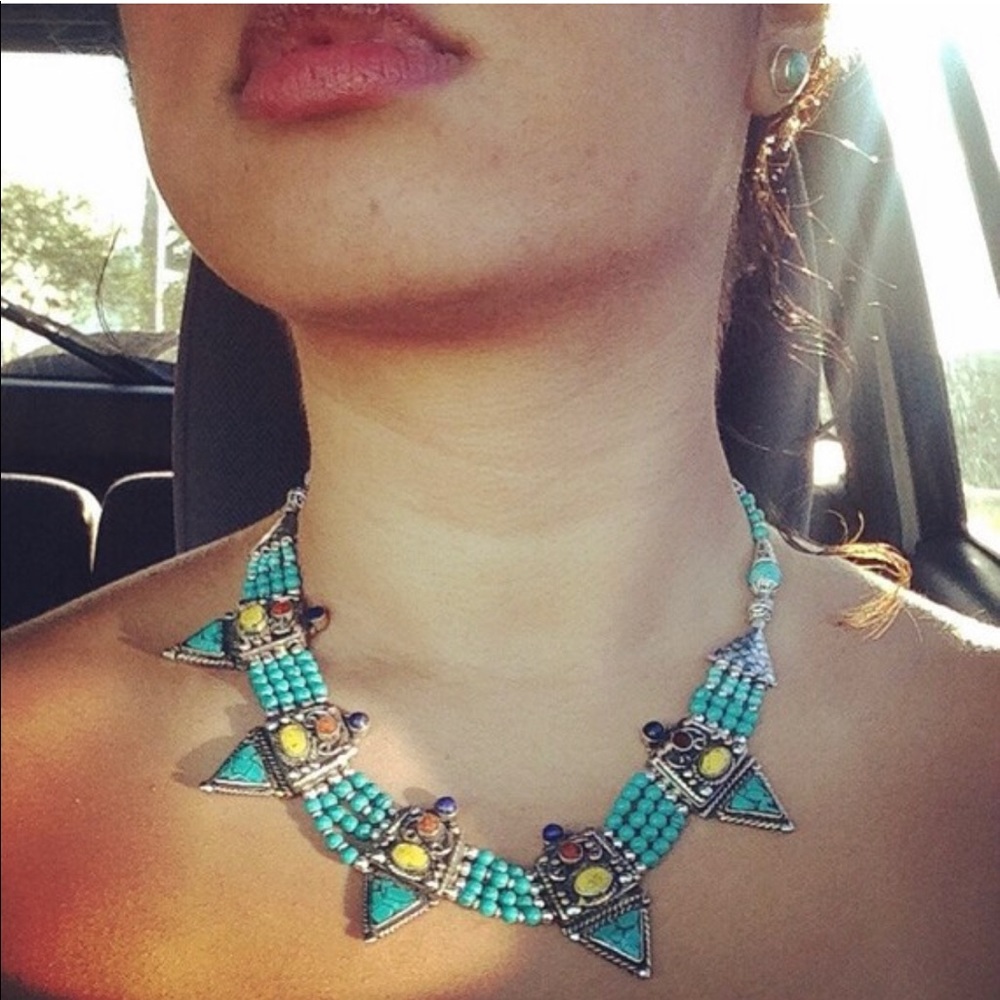 Beautiful handmade multi-colored stone necklace set in metal. Made in Nepal. - Picture 1 of 4